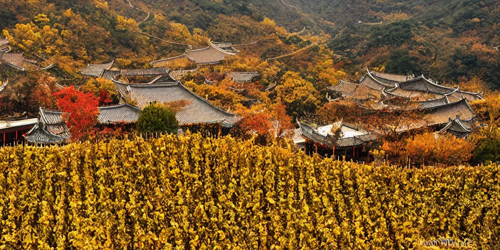 Prompt: A fantasy Chinese winery in autumn, The winery is situated in a picturesque valley, surrounded by rolling hills and mountains, The leaves are falling and the air is crisp as you walk up to the entrance of the winery. You can see the vines in the distance, their leaves a beautiful shades of red, orange, and yellow. As you walk inside, you are greeted by the warm and inviting atmosphere. The walls are lined with bottles of wine, and the staff is busy preparing for the day's guests. Inside the winery, the atmosphere is warm and welcoming. The walls are lined with bottles of wine, and the shelves are stacked with barrels of ageing wine. The floor is made of polished wood, and the ceiling is decorated with intricate carved beams. There is a fire burning in the corner, and the window overlooking the valley is framed with red and gold curtains. The wine-tasting room is at the back of the winery, and it is here that visitors can sample the different wines on offer. There is a long wooden table, with chairs for everyone to sit around, and a display of glasses and bottles. The light in the room is soft and golden, and the atmosphere is one of relaxation and enjoyment. immaculate scale, hyper-realistic, Unreal Engine, Octane Render, digital art, trending on Artstation, 8k, detailed, atmospheric, immaculate