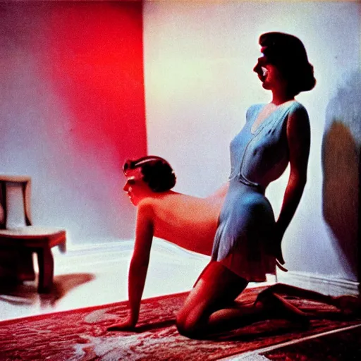 Prompt: color photo on vintage film stock of 1930s model in a dark but well-appointed room, crawling towards the camera to lick up milk from a bowl on the floor of an art deco mansion. Her hands stay on the floor. There are red curtains in the distance and soft pools of light illuminating her and the surroundings.