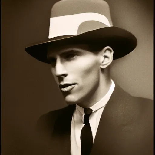 Image similar to a photograph portrait of jerma in the 1 9 3 0 s with slicked back hair and a homburg fedora, taken in the mid 1 9 3 0 s, grainy, taken on a 3 0 s kodak camera, realistic, hyperrealistic, very realistic, highly detailed, very detailed, extremely detailed, detailed, digital art, trending on artstation