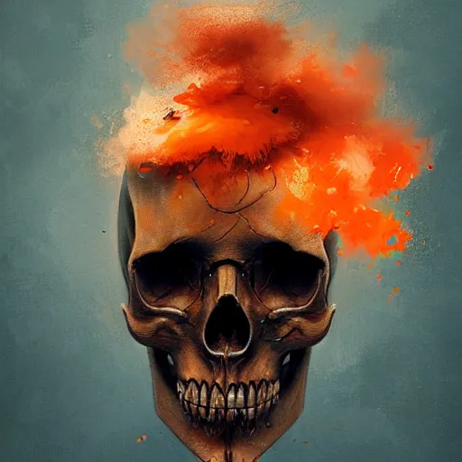 Prompt: a skull with orange smoke,a flower growing from the mouth,digital art,detailed,realistic,art by greg rutkowski