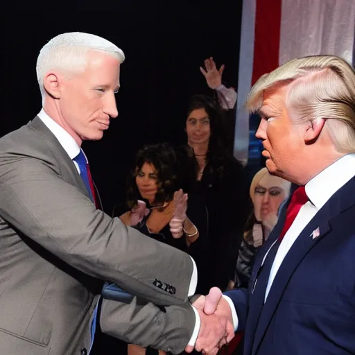 Image similar to anderson cooper and donald trump shaking hands