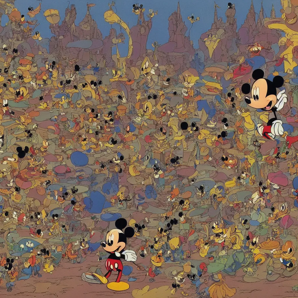 Prompt: 8k Disney's Mickey Mouse in a fantasy world, by Moebius