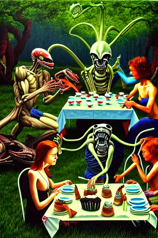 Image similar to a hyperrealistic painting of a xenomorph tea party picnic at the park, by chris cunningham and richard corben, highly detailed, vivid color,