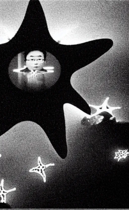 Image similar to light coming out of one starfish - like kaiju anthropomorphic monster, korean film noir by kim jong - il, korean traditional palace, pyongyang city, 1 9 6 0 s, red color bleed, 4 k, video compression, video glitch, monochrome, akira kurosawa, mamoru oshii, wes anderson, stanley kubrick