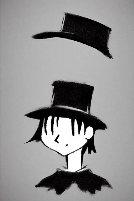 Prompt: cute loli in a tall black top hat, face profile, pencil sketch, gray scale, mysterious, anime style