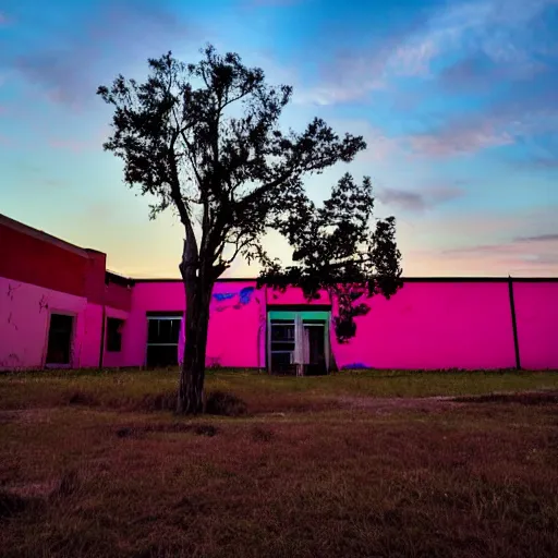 Image similar to an abandonned school at sunset, neon style