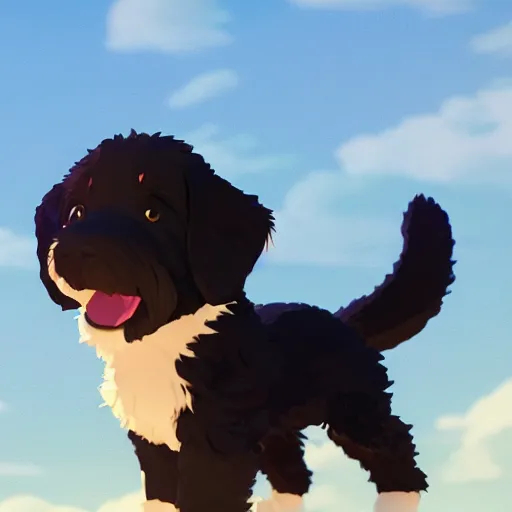 Image similar to a wholesome animation key shot of a black bernedoodle puppy, studio ghibli, sharp, rendered in unreal engine 5, anime key art by greg rutkowski, bloom, dramatic lighting