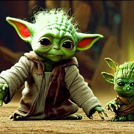 Image similar to baby Yoda Playing with Groot in guardians of the Galaxy 4k detailed super realistic