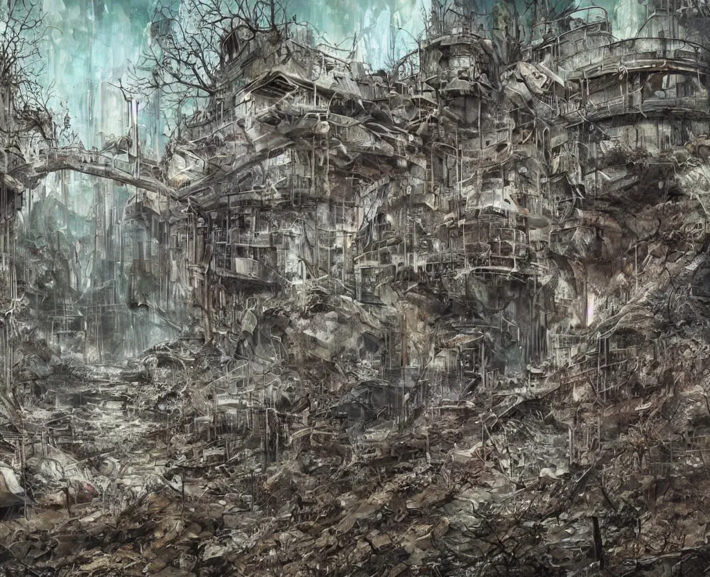 Prompt: a Dystopian post-apocalyptic painting of the abandoned tunnels of an overgrown arcology