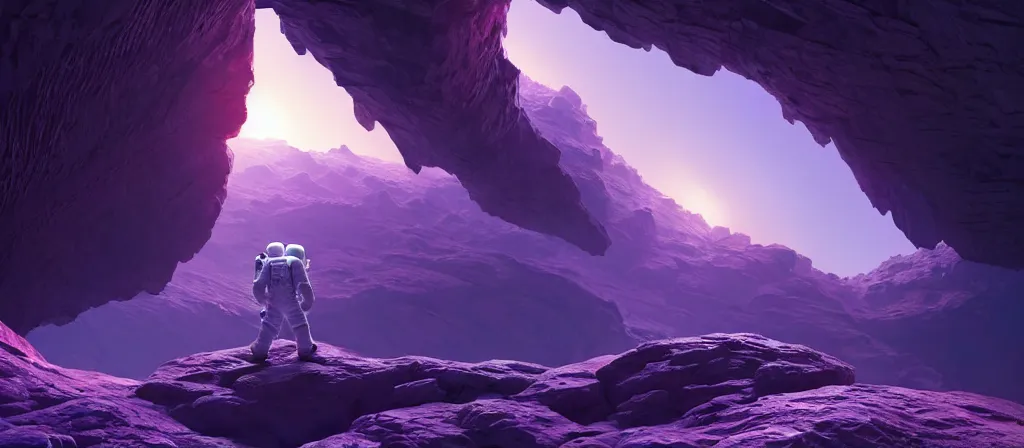 Image similar to one astronaut on purple [ [ [ crystal ] ] ] caves, beautiful dynamic lighting, cinematic, wide angle establishing shot, extremely high detail, photo realistic, cinematic lighting, post processed, concept art, artstation, matte painting, style by frederic church, raphael lacoste, unreal engine 8 k, roger deakins