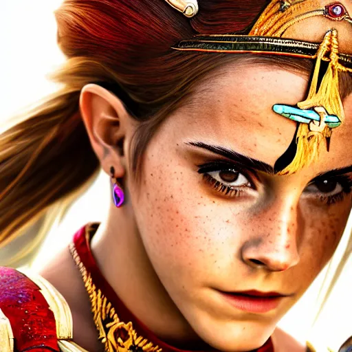 Image similar to Emma Watson modeling as Urbosa from Zelda, (EOS 5DS R, ISO100, f/8, 1/125, 84mm, postprocessed, crisp face, facial features)