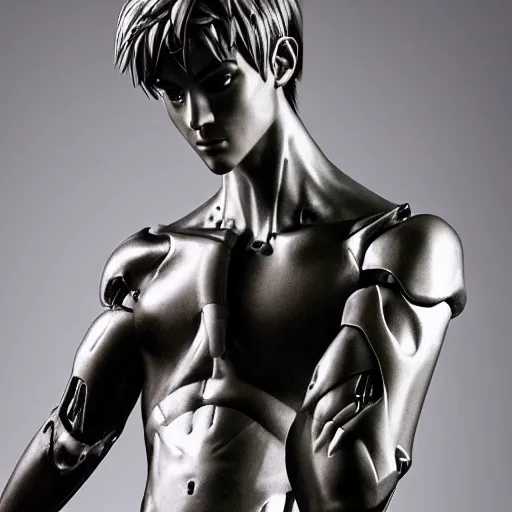 Image similar to “a realistic detailed photo of a guy who is an attractive humanoid who is half robot and half humanoid, who is a male android, twitch streamer Ninja Tyler Blevins, shiny skin, posing like a statue, blank stare, bedroom, close up”