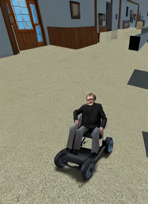 Image similar to Stephen Hawking riding on a trex in garrys mod