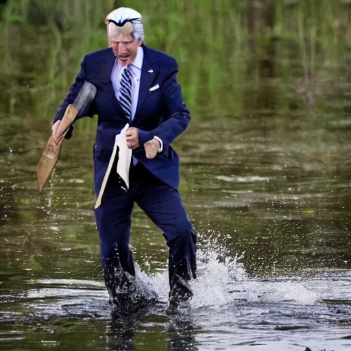 Prompt: joe biden rising out of swamp water with a knife