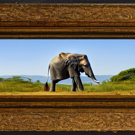 Image similar to a highly detailed panoramic photo by annie leibowitz of a trunkless elephant in the distance. 8 k, super resolution