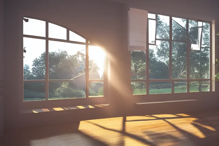Prompt: rays of the morning sun shining through the window of the village house. very beautiful, clear sky, warm shiny colors, octane render
