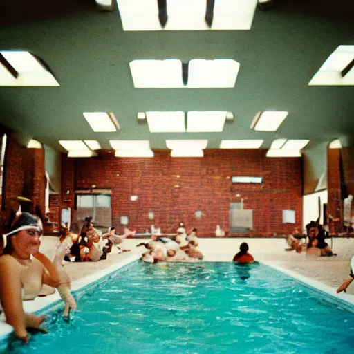 Image similar to an indoor swimming pool filled with people swimming, 35mm film