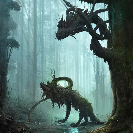 Prompt: a rat creature, in the shape of a tree, in a corrupted forest, by greg rutkowski, trending on art station, highly detailed, magic the gathering, matte painting