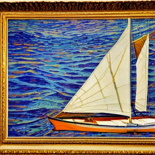 Prompt: a newly discovered van Rysselberghe painting of a sailboat