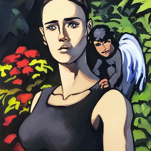 Image similar to short-haired heroic stoic handsome blonde butch tomboy woman engineer standing beside dark fae feathered Jennifer Connelly in garden, in love, Mike Mignola, trending on art station, oil painting