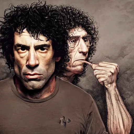 Image similar to Joe Rogan and Howard Stern portrait, intricate, highly detailed, concept art, smooth, sharp focus, illustration, angry, medium shot, mid-shot