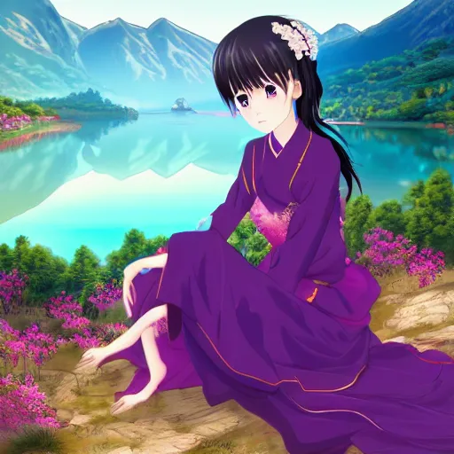 Prompt: elegant chinese princess with purple eyes, sitting by a lake, mountains in background, anime style, award winning art