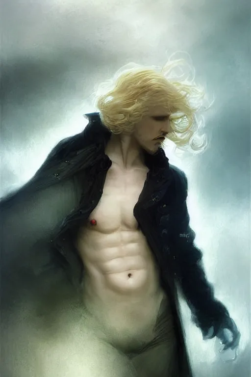 Image similar to johan liebert mixed with alucard picture by Greg Rutkowski, long fluffy blond curly hair, baroque curls, dynamic pose, matte painting, intricate, z brush, fantasy concept art, elegant, fat body type, by Stanley Artgerm Lau, WLOP, golden ratio, thomas kindkade, alphonse mucha, loish, Peter chung, norman Rockwell,