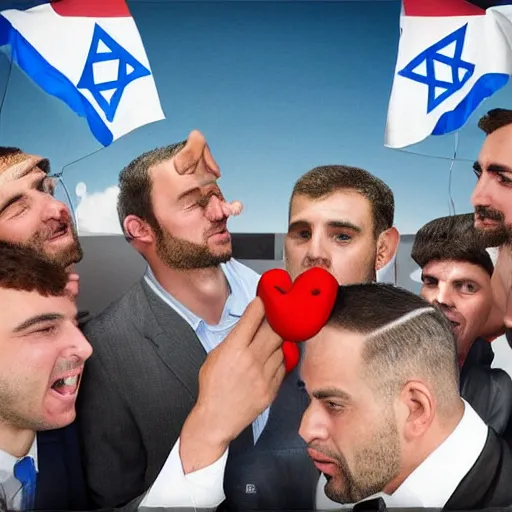 Prompt: a group of men holding another man's nose, his nose is 3 meters wide, super realistic, in the background is the israeli flag, very detailed.