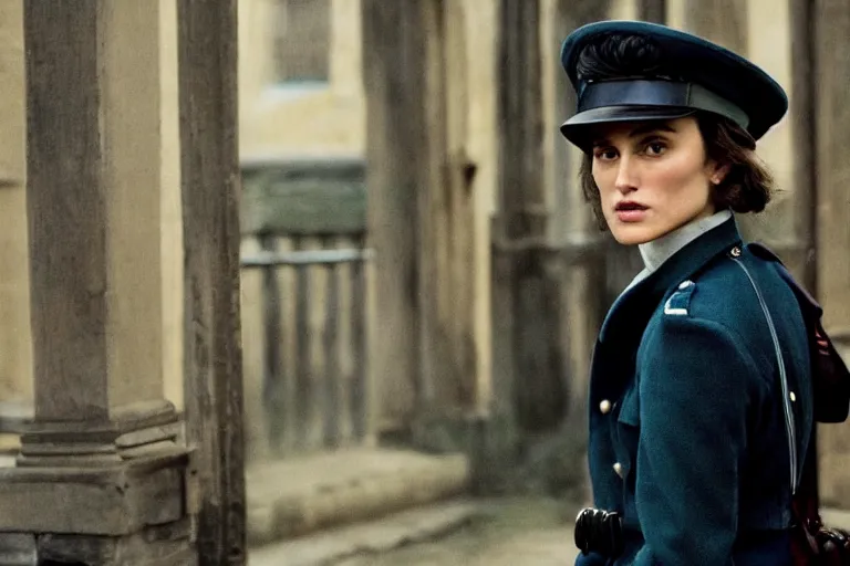 Prompt: wide-shot of kiera knightley as a constable in a movie directed by Wes Anderson, symmetrical shot, idiosyncratic, relentlessly detailed, pastel colour palette, detailed perfect face, movie still frame, promotional image, imax 70mm footage