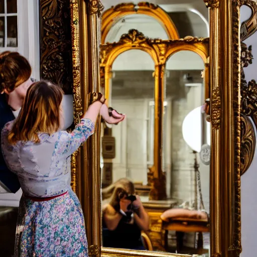 Image similar to professional direct photograph of an ornate mirror with photographer in the shot