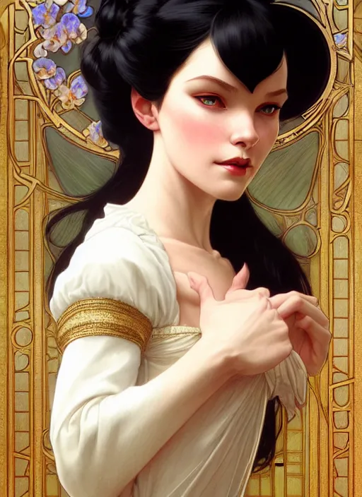 Prompt: portrait of snowhite, intricate, elegant, highly detailed, my rendition, digital painting, artstation, concept art, smooth, sharp focus, illustration, art by artgerm and greg rutkowski and alphonse mucha and uang guangjian and gil elvgren and sachin teng, symmetry!!