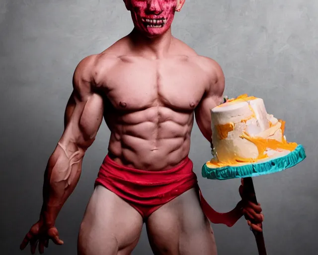 Image similar to human - cake hybrid, muscular arms, studio photography, humanoid cake