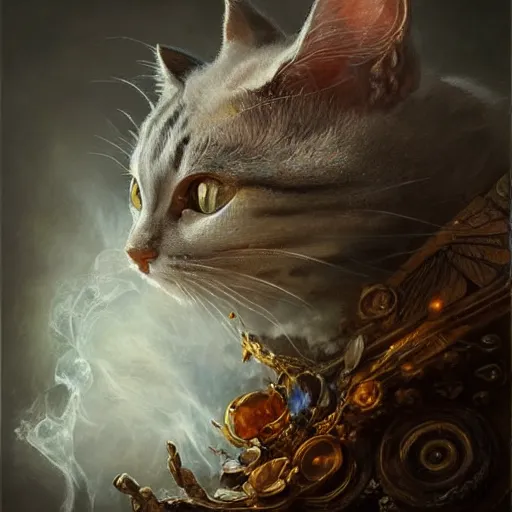 Prompt: a beautiful detailed 3d matte portrait of a alchemist cat, by ellen jewett, by tomasz alen kopera, by Justin Gerard, ominous, magical realism, texture, intricate, skull, skeleton, whirling smoke, alchemist bottles, radiant colors, fantasy, volumetric lighting, high details