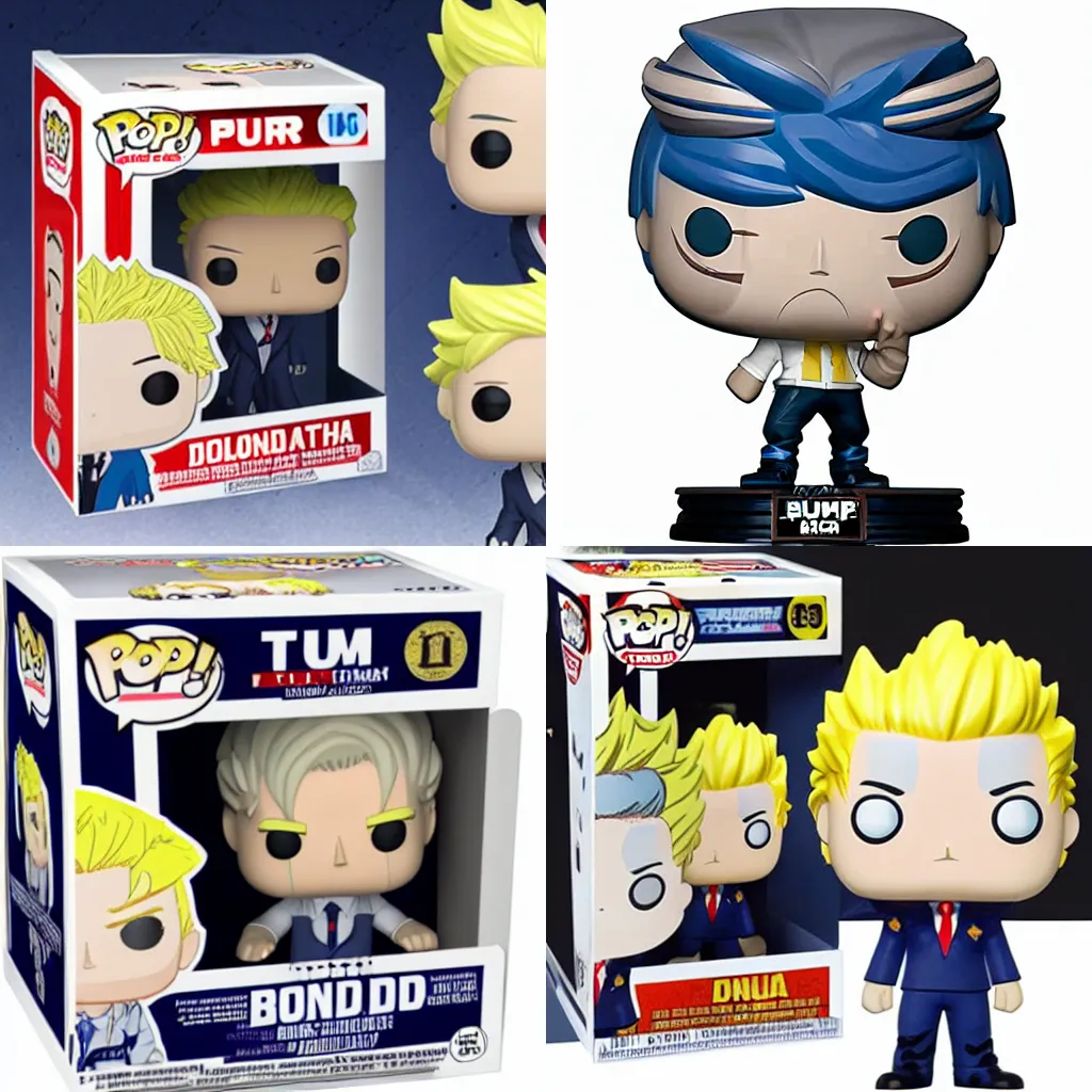 Prompt: Figurine My Hero Academia POP! donald trump, blond hair, blue suit, grey background