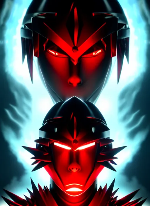 Image similar to a striking cinematic full body manga portrait of a long black haired masked male teenager wearing imposing red jagged spiked plate armour and glowing with raging powerful red energy by hirohiko araki and beeple, fine details, digital art, character concept art, volumetric lighting, cinematic light, photorealistic