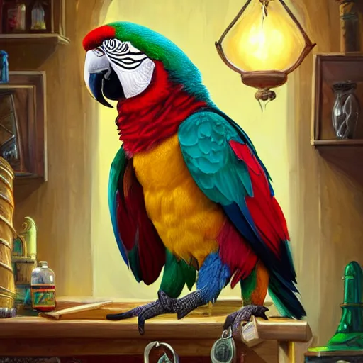 Prompt: Anthropomorphized parrot trader in his shop, selling his wares, portrait, items, magic potions, carpet, window, fancy hat, sly expression , cunning expression, cute expression, D&D, fantasy, cinematic lighting, highly detailed, digital painting, artstation, concept art, smooth, sharp focus, illustration, warm light, cozy warm tint, magic the gathering artwork, volumetric lighting, 8k, art by Akihiko Yoshida, Greg Rutkowski