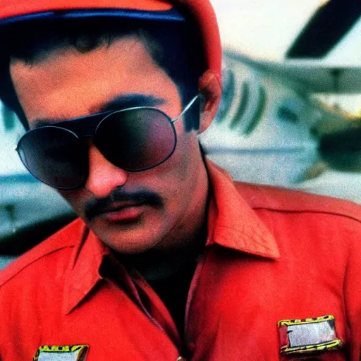 Image similar to a long shot, color studio photographic portrait of a mexican pilot, dramatic backlighting, 1 9 9 3 photo from life magazine,