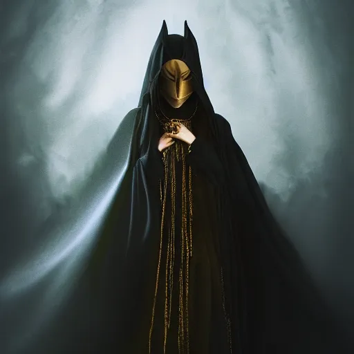 Image similar to a portrait of a young woman wearing a long dark cloak, hood and shadows covering face, holding golden chains, oil painting, matte painting, black background, Volumetric Golden dappled dynamic lighting, Highly Detailed, Cinematic Lighting, Unreal Engine, 8k, HD, by Beksinski