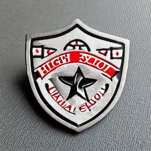 Image similar to high school badge, lapel, pinnable, highly detailed, grey background, restrained