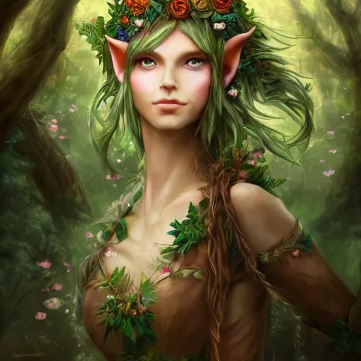 Image similar to a picture of a forest elf cloths in flowers and leaves, high fantasy, elegant, epic, detailed, intricate, digital painting, concept art, realistic, smooth, focus, rim light,