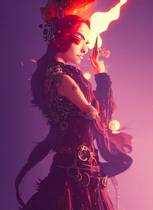 Prompt: a beautiful pyromancer princess, adorned with steampunk accessories, league of legends arcane, intricate, elegant, highly detailed, digital painting, artstation, concept art, smooth, sharp focus, cyberpunk synthwave, vaporwave, ethereal, misty, 8 k, by ruan jia and ilya kuvshinov