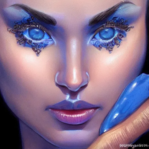 Image similar to closeup on the all blue colored eyes of a beautiful brown - skin woman, intricate, elegant, highly detailed, smooth, sharp focus, full body, detailed face, high contrast, art by ardian syaf,