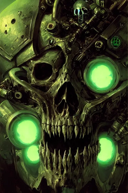 Prompt: extreme close up cybernetic skull with bullets for teeth warhammer 4 0 k extreme detail glowing green portal background portrait dnd, painting by gaston bussiere, craig mullins, greg rutkowski, yoji shinkawa