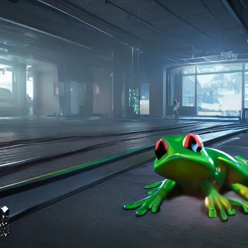 Image similar to frogger, unreal 5, hyperrealistic, realistic, photorealistic, dynamic lighting, highly detailed, cinematic, studio lighting