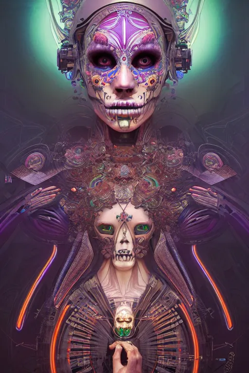 Image similar to ultra detailed Female Android deity, scifi, octane render, (dia de los muertos), asymmetrical, intricate concept art, triadic color scheme, art by artgerm and giger and DZO and greg rutkowski and alphonse mucha and loish and WLOP