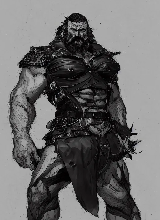 Image similar to Full body portrait of an old muscular man with white hair and black beard wearing bear skin. In style of Yoji Shinkawa and Hyung-tae Kim, trending on ArtStation, dark fantasy, great composition, concept art, highly detailed.