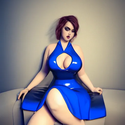 Image similar to curvy feminine hot goth cutie in a sublime elegant polished blue latex neck-high gown with white-golden trim and latex leggings, thin waist, cgsociety, photorealistic, comfy ambience, idealistic, 16k, smooth, sharp focus, trending on ArtStation, volumetric lighting, fully clothed, worksafe