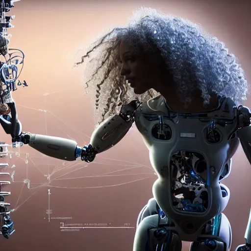 Prompt: aerial view of a robot doing a surgery on a black man with long curly hair, 3d render inspired art by P. Craig Russell and Barry Windsor-Smith + perfect facial symmetry + dim volumetric lighting, 8k octane beautifully detailed render, post-processing, extremely hyperdetailed, intricate futuristic mechanic parts, epic composition, grim yet sparkling atmosphere, cinematic lighting + masterpiece, trending on artstation