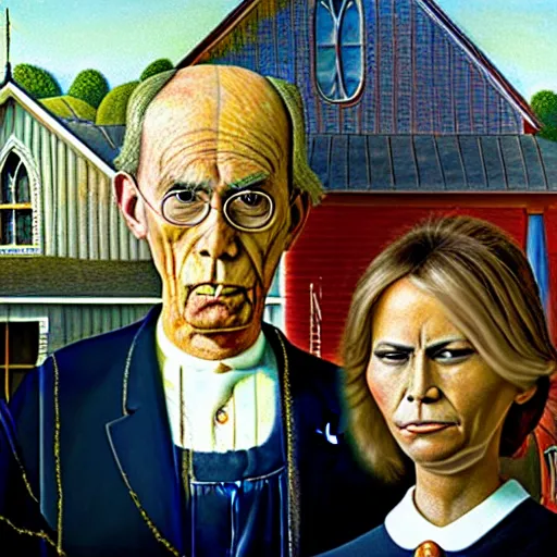 Prompt: american gothic painting but with donald trump and melania trump as the subjects, art station, high quality,