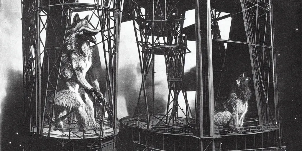 Image similar to anthropomorphic furry wolf inside a giant automaton tower that tracks the stars, 1900s photograph